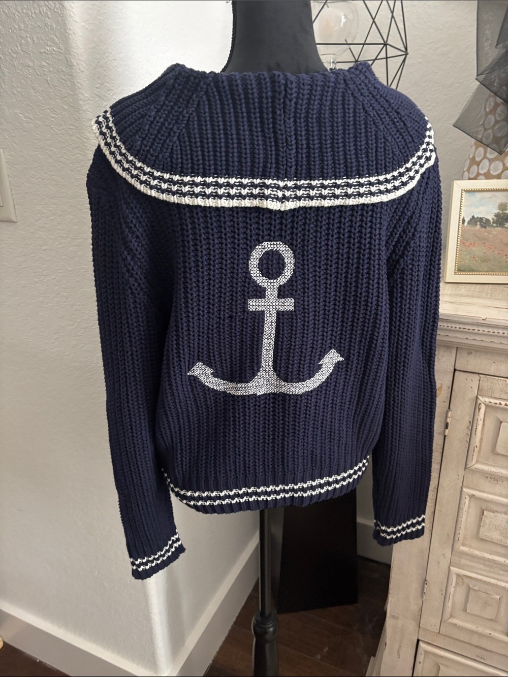 Marled Navy & White Anchor Sailor Collar Crewneck Sweater